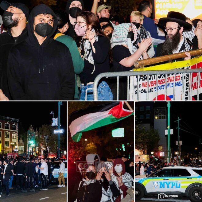 Pro Palestinians Protest Israeli Minister Outside 770 Shul